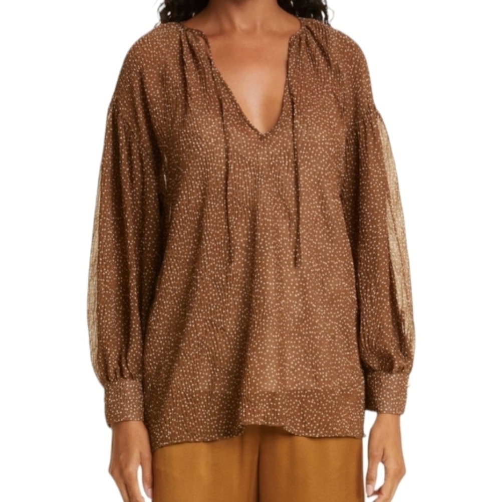 VINCE Starry Dot Shirred Neck Blouse NWT